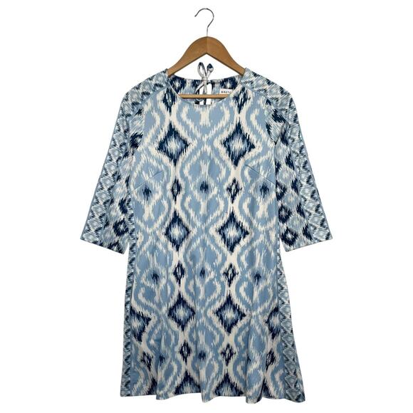 Gretchen Scott Dress Womens Small Blue White Ikat 3/4 Sleeve Shift Pockets - Picture 6 of 15